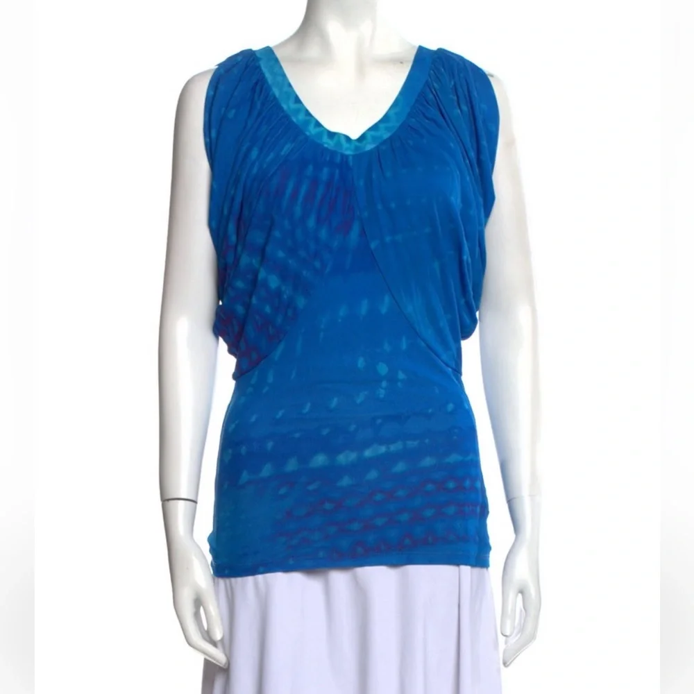 Roberto Cavalli Vintage Blue Printed Draped Sleeve Top S - Picture 2 of 6